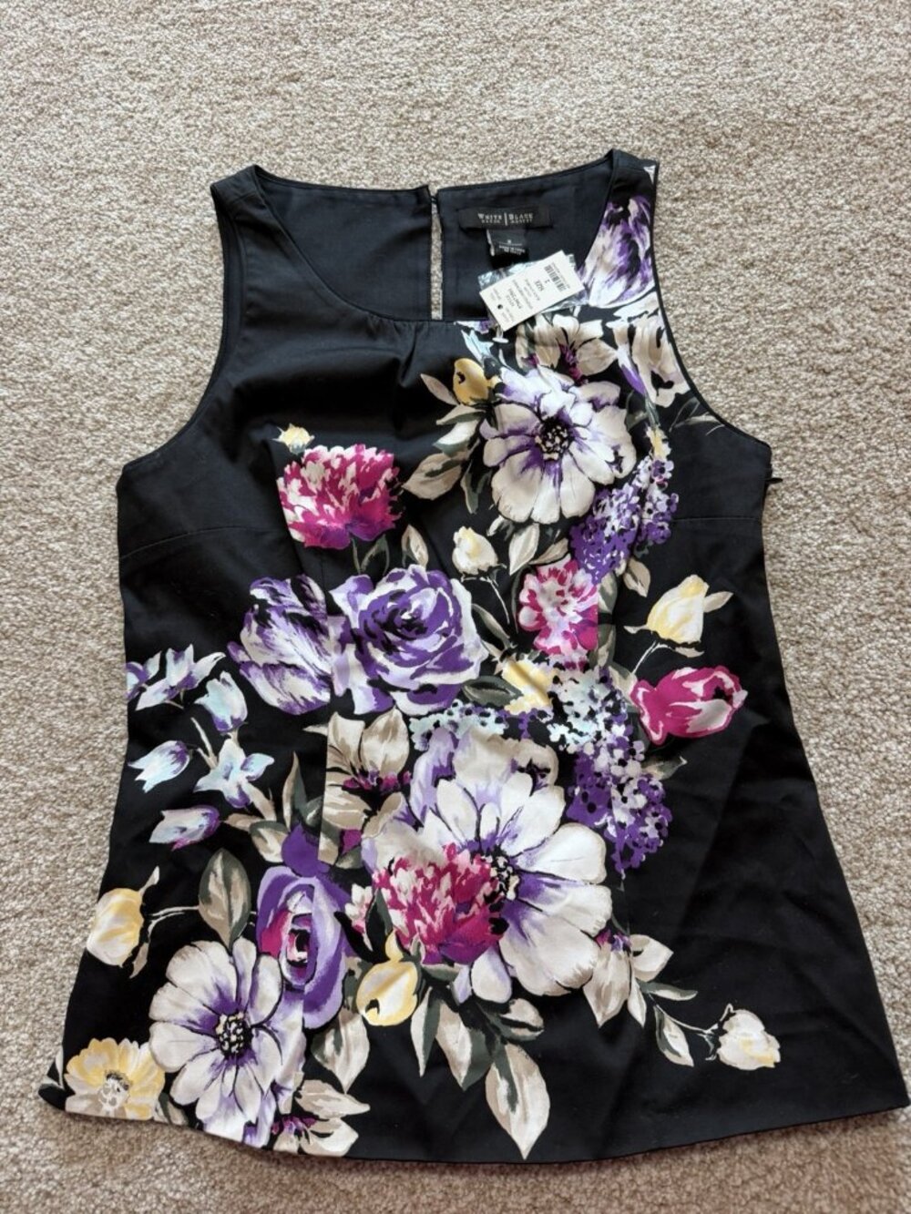 White House Black Market Soulfully Bodice Black Floral Print Sleeveless Blouse 2